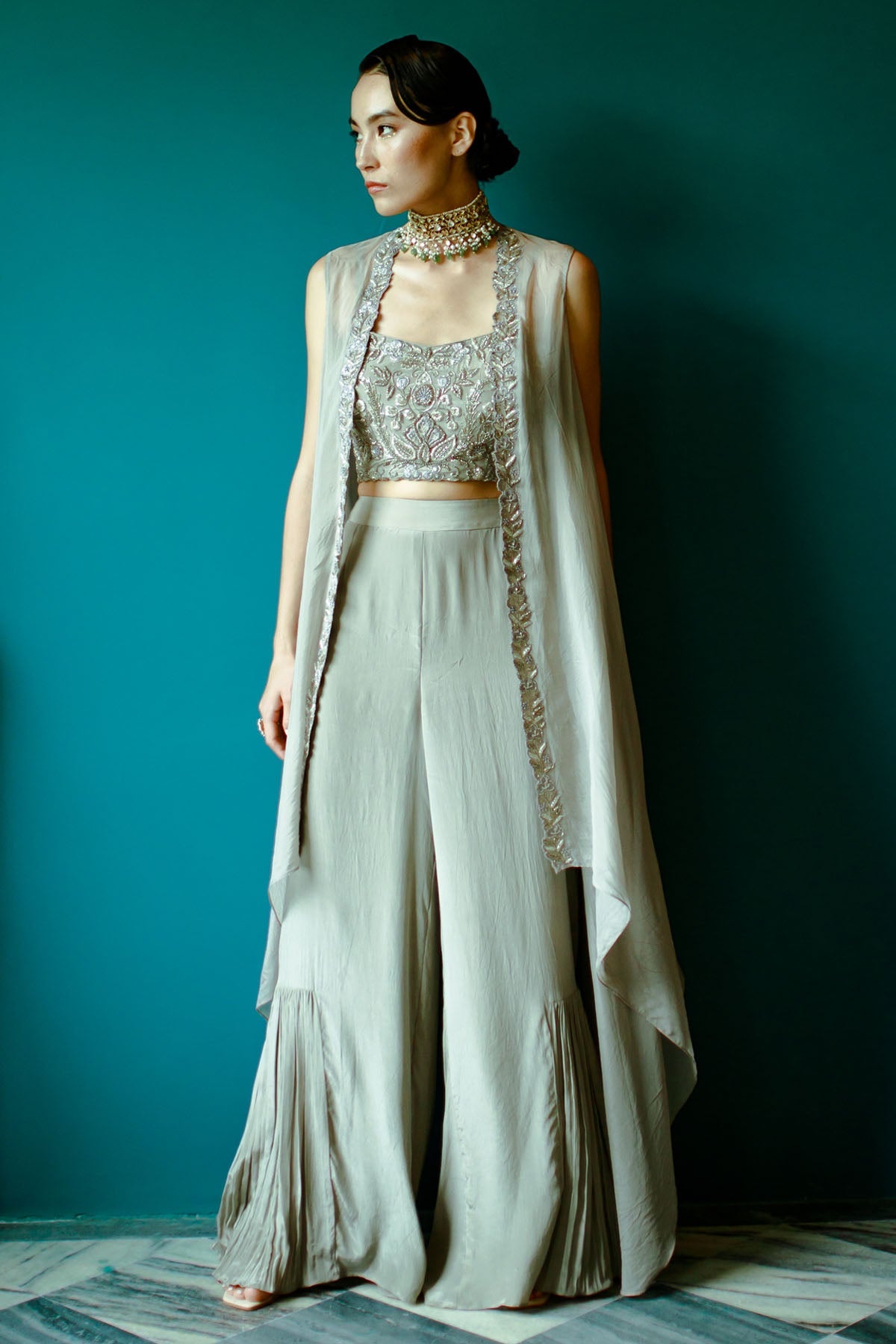 Pavone Grey Embroidered Jacket Set for women online at ScrollnShops